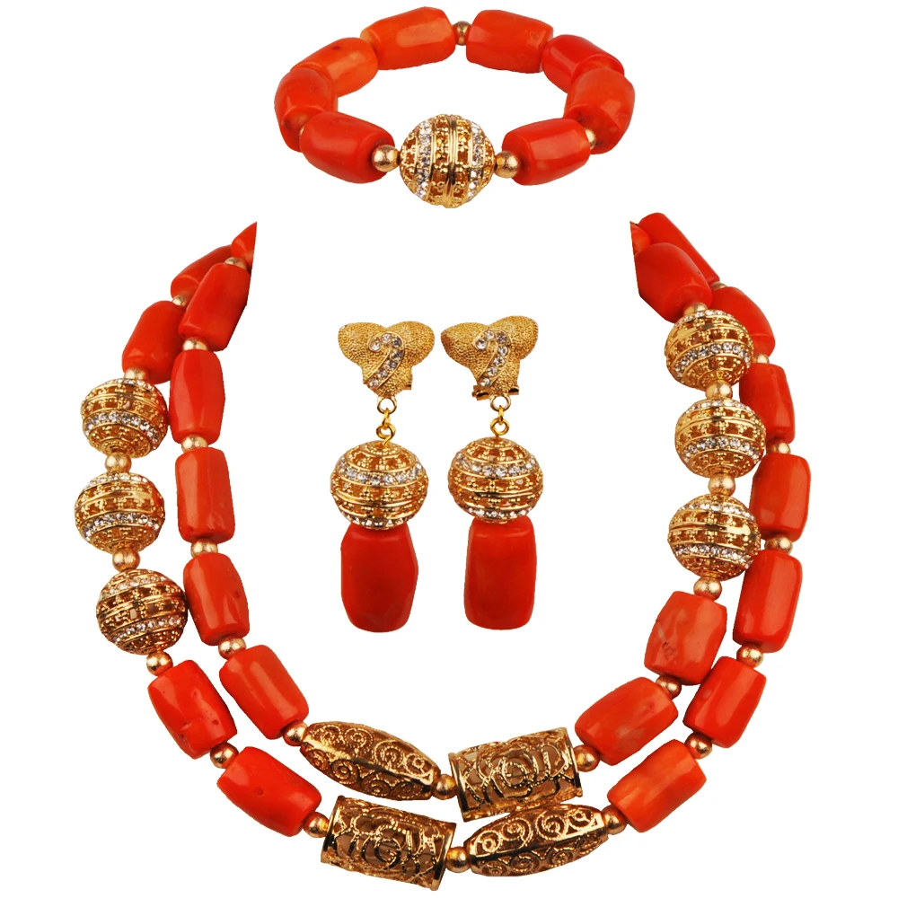 

Orange Costume Necklace African Wedding Beads Coral Jewelry Set