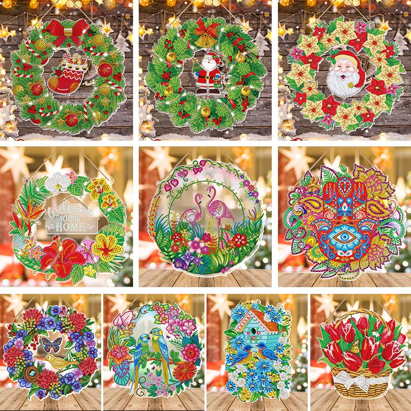 Diy Diamond Painting Wreath Decoration Window with LED Acrylic Door Hanging Christmas Wreat |