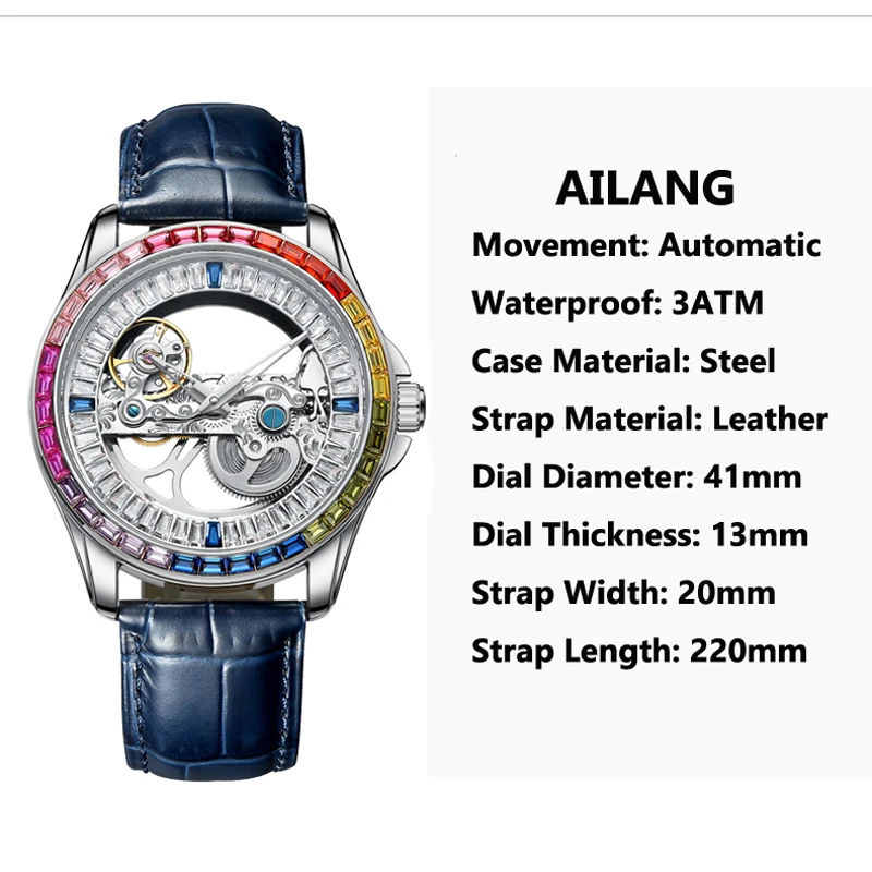AILANG Multicolor Gemstones Automatic Watch For Men Skeleton Mechanical Wristwatch Luxury Watch Men Waterproof Relogio Masculino