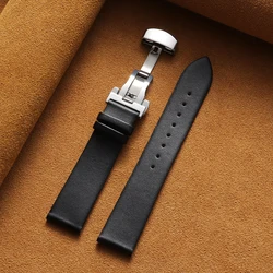 Sleek Genuine Leather Watch Band with Butterfly Buckle - 14mm (Black)