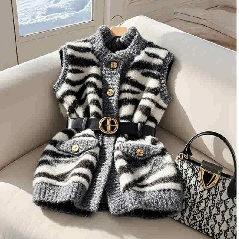 Gray Zebra Stripes Knitted Blazers Vest for Women Winter Cardigan Jackets Sleeveless Sweater Vest Y2K Fashion Office Lady Formal 1