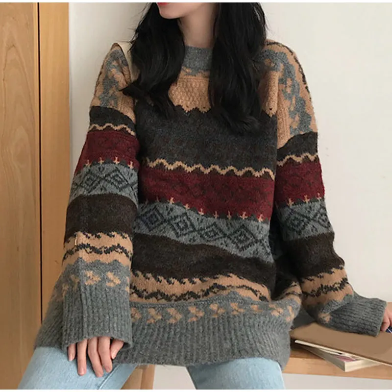 argyle sweater Women Vintage Patchwork Knitted Pullover Sweater O-Neck Long Sleeve Striped Ladies Jumpers Loose Casual 2021 Female Preppy Style Sweaters