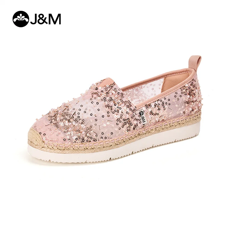 

J&M Women Loafers Sequins Fisherman Shoes Fashion Mesh Breathable Espadrilles Casual Shoes Black Sneakers Platform Slip-on Shoes