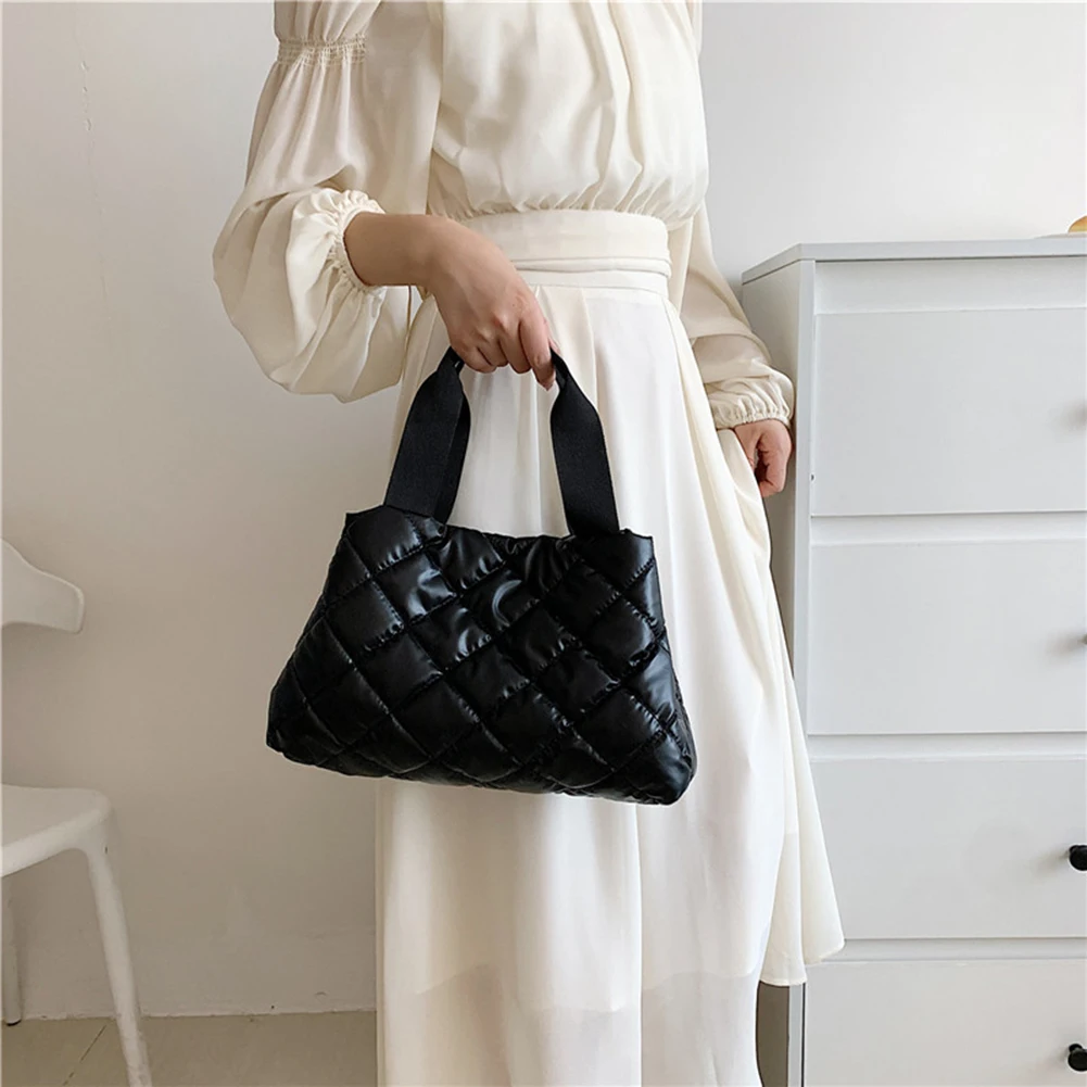 Fashion Tote Bag Autumn Winter Cotton Padded Shopping Bag Large Capacity Rhombus Pattern Quilted Travel Purse for Women Girl