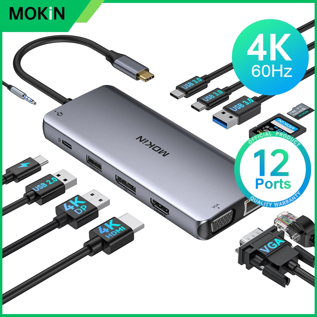 

MOKiN 12-in-1 Gen 2 USB C HUB 4K@60Hz HDMI DP 3* USB 3.0 Type C Port SD/TF PD 100W Adapter for Macbook Pro Air M2 M1 Steam Deck