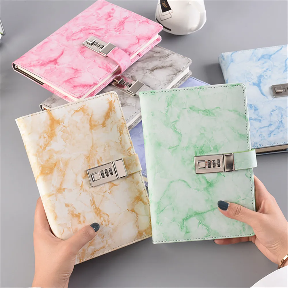 A5 Password Notebook With Lock Retro Marbled Notepad Student Diary Book 200 Pages Thick Office School Gift Pu Leather |