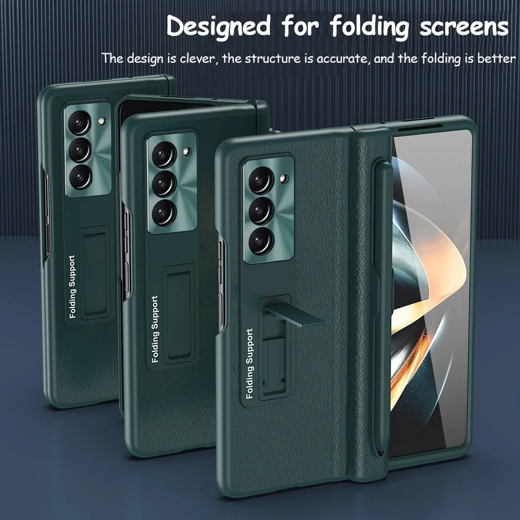 Magnetic Hinge Protection PU Leather Hard PC Phone Cover for Samsung Galaxy Z Fold 5 4 3 Case with S Pen Holder Screen Protector