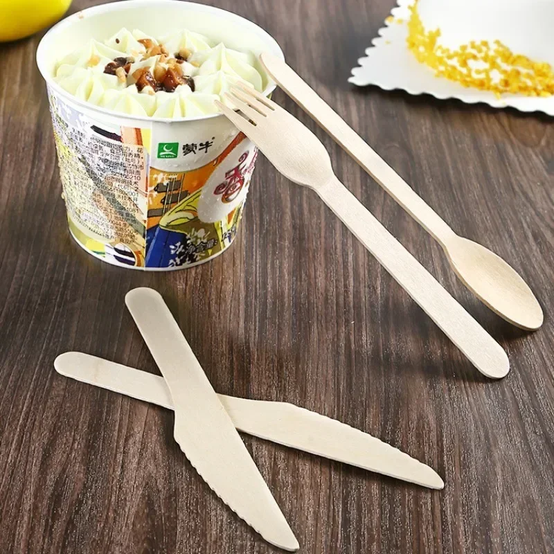 100pcs Disposable Wooden Knives Forks Spoons Biodegradable Independent Packaging Dessert Mini Spoon for Takeout disposable dessert spoons biodegradable cutlery spoon