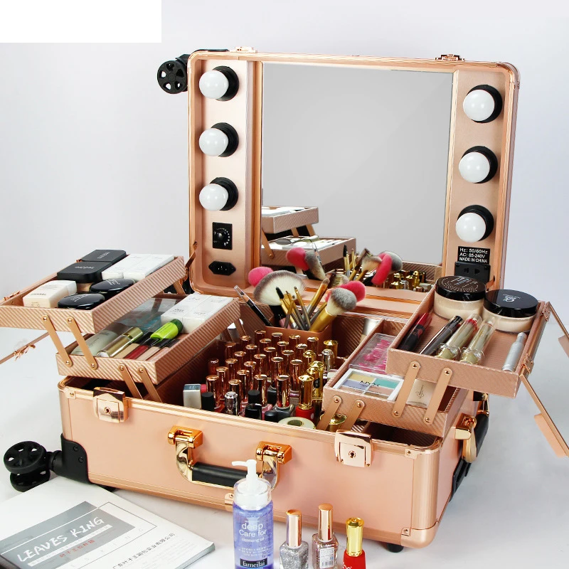 New trolley cosmetic bag large-capacity Professiona makeup case rolling luggage with LED light multi-function trolley suitcase