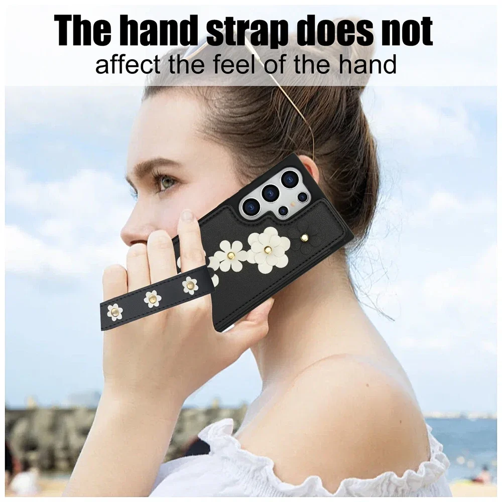 Axelremsfodral i läder med blommotiv till Samsung Galaxy S22 S23 FE S24 Ultra S24 Plus A55 A35 A15 A54 A34 A14 A53 Korthållare_voghion.com