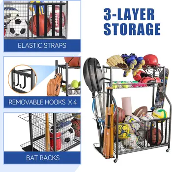 Garage Sports Equipment Organizer Ball Storage Garage Large Capacity Sports Organizer for Garage with Hooks and Baskets 3