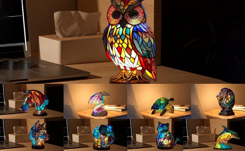 

Animal Stained Glass Glittering Lamp Animal Shape Lighting Series Lion Dolphin Wolf Owl Horse Rooster Elephant Living Room decor