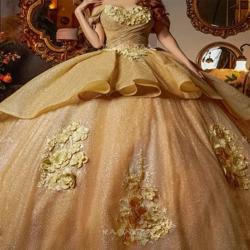

Золотистые изысканные платья Quinceanera с открытыми плечами, искусственный цветок, для дня рождения, принцессы, платья для 15 лет