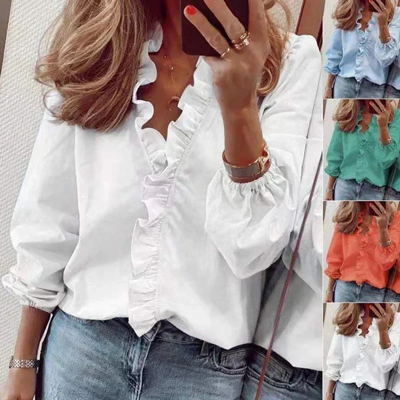 Cotton Long Sleeve V Neck Office Lady Blouse