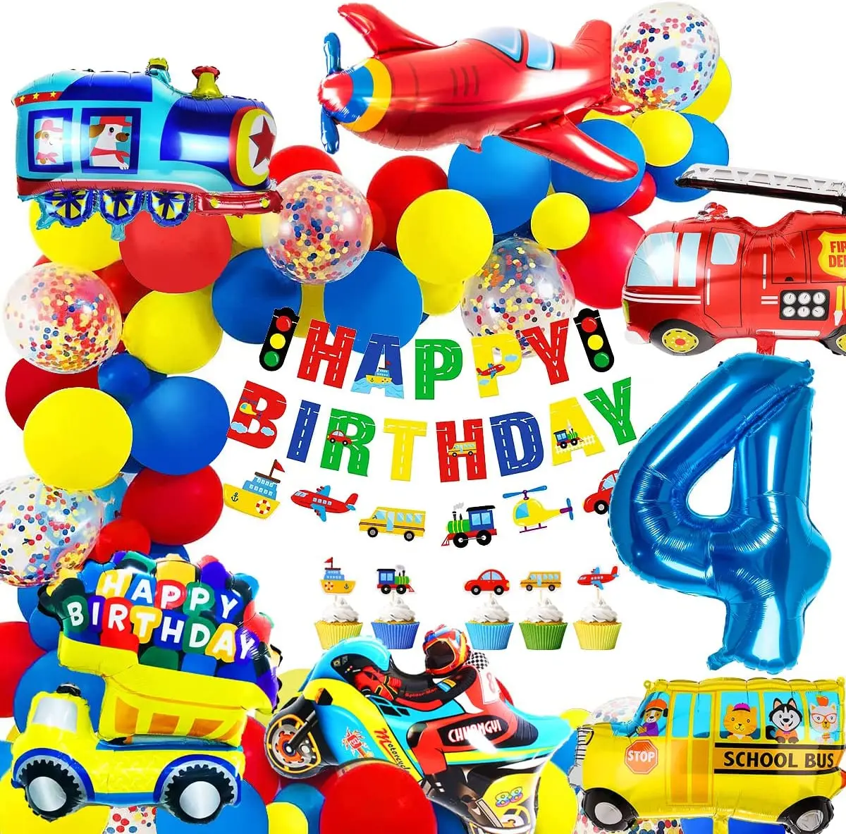 Description Picture 5 of itemBirthday Decoration for boys Happy Birthday Banner Cars School Bus Train Fire Truck Motorcycle Plane Balloons Transport Vehicles