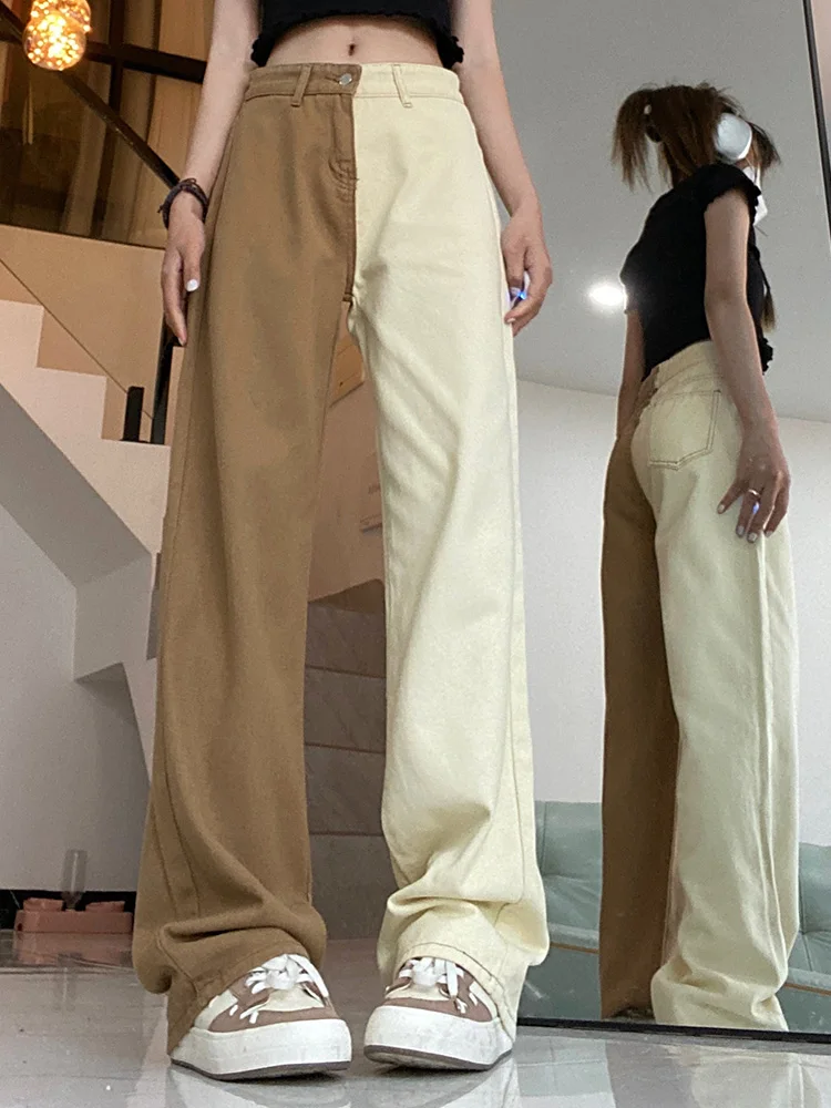 

2024 Women High Waist Patchwork Wide Leg Jeans Skinny Streetwear 90s Spliced Oversized Denim Pants Lady Punk Y2K Gothic Trousers