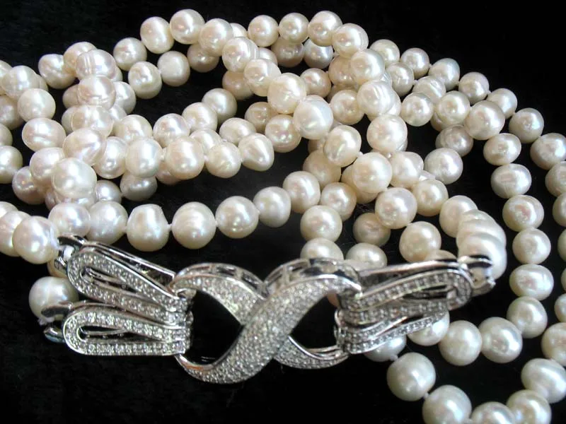 

2rows freshwater pearl white near round 7-8mm necklace 23-25inch FPPJ wholesale beads nature