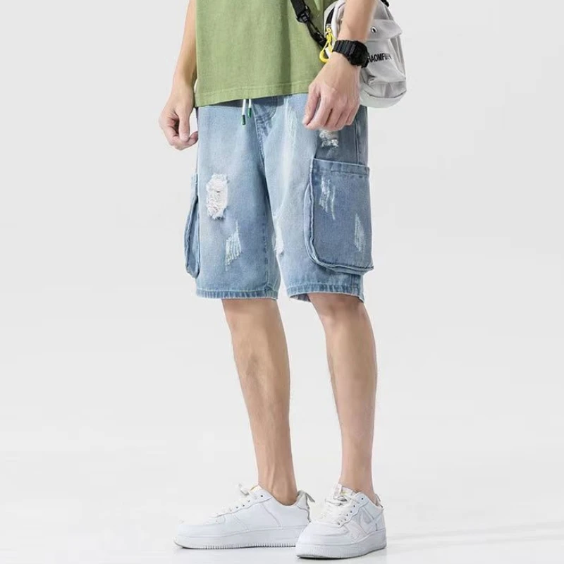 

Джинсовые шорты мужские с карманами, рваные брюки из денима, на шнуровке, ковбойские, синие широкие, в Корейском стиле Харадзюку, летние, Xl