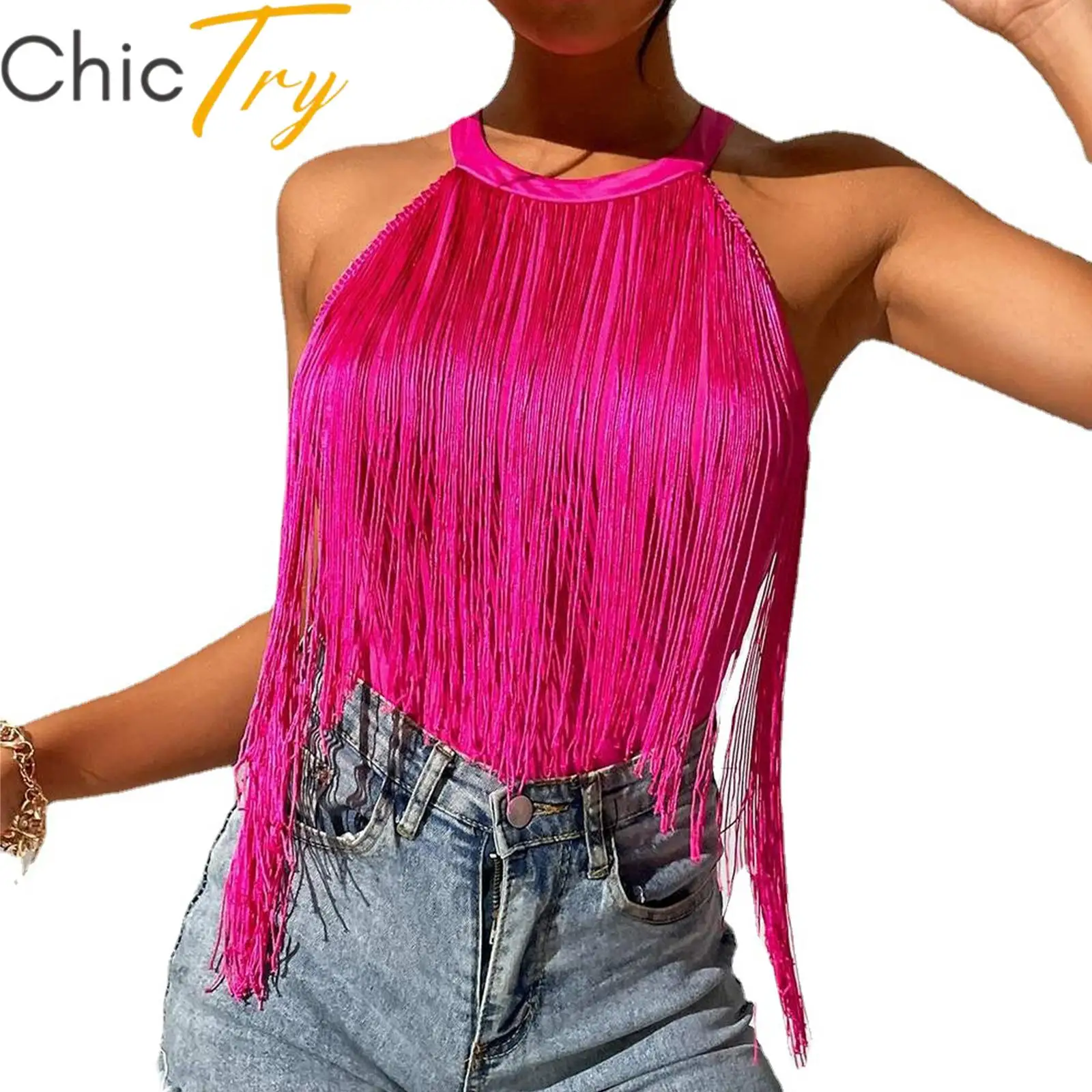 

Womens Halter Tassel Crop Top Sleeveless Solid Color Fringe Vest Tops Tanks for Vacation Beach Cocktail Party Stage Performance