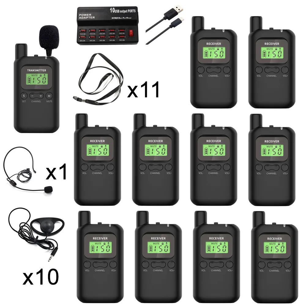 

Wireless Whisper Tour Guide System Simultaneous Interpretation 1 Transmitter with 2 Microphones, 10 Receivers, 1 Charger