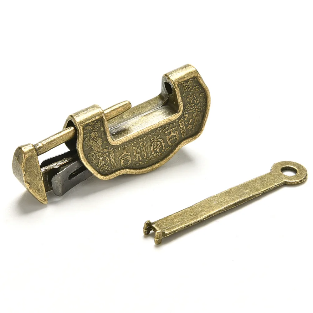 ZLinKJ 1PCS 3.5*1.7*1 cm New Chinese Vintage Antique Old Style Lock/Key Excellent Brass Carved Word Padlock