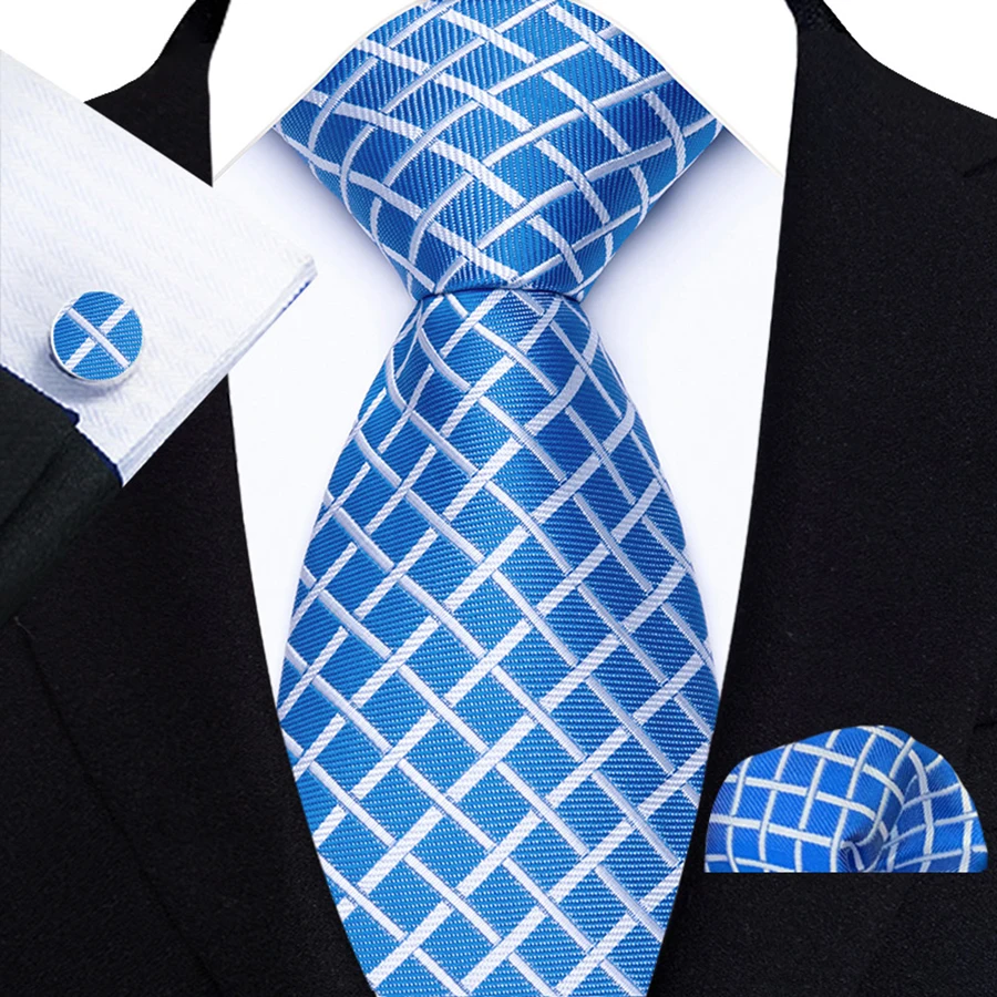 Luxus 3Pcs Sky Blue Lake Blue Männer Krawatte Hanky Manschettenknöpfe Set Jacquard 8cm Krawatte für Männliche Hochzeit business Party Zubehör Geschenk – Detail 14