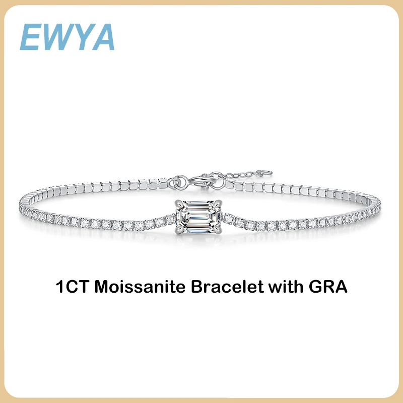

EWYA New In 1ct Emerald Cut Moissanite Diamond Bracelet for Women Wedding Fine Jewelry Real 925 Sterling Silver Link Bracelets