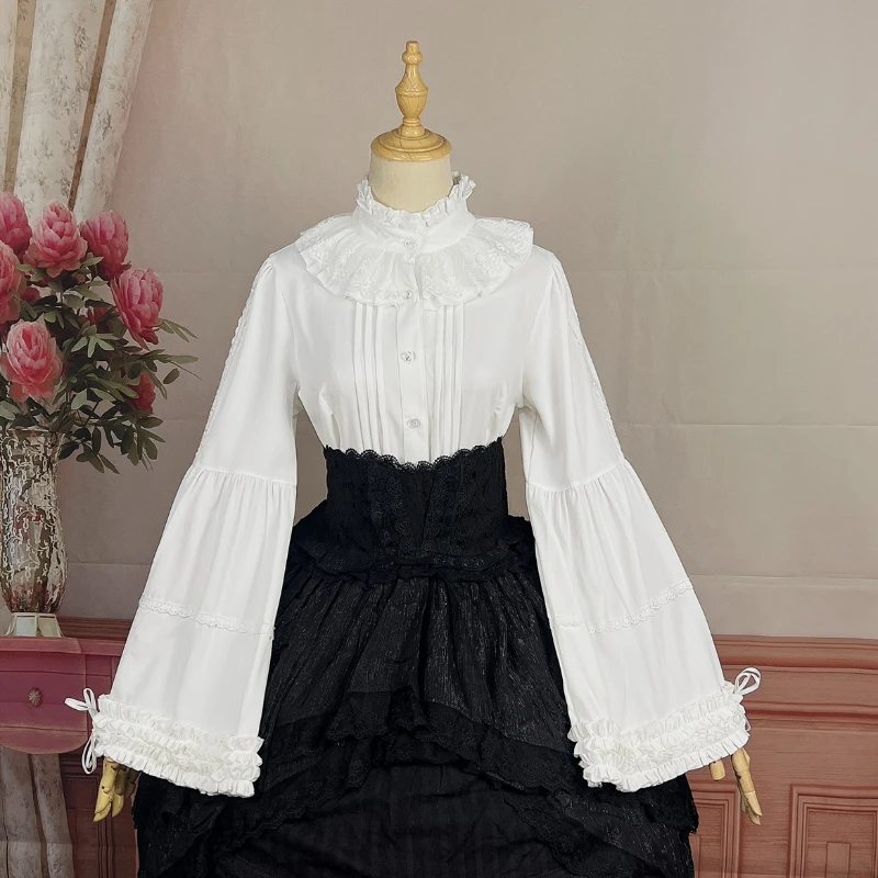 Gothic Lolita Style Blouses Women Vintage Elegant Ruffles Turtleneck Long Sleeve Tops Girls Kawaii Y2k Slim Shirts Black White y2k bowknot fake sleeve women lolita girls knitted lace ruffles cuffs fingerless false mittens gothic wrist warmer clothing