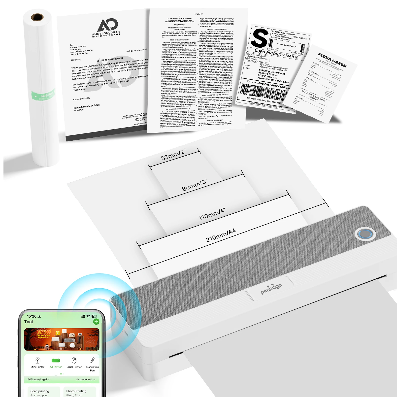 PeriPage P81 A4 Thermal Printer Bluetooth Portable Printer for 56mm/77mm/107mm/210mm/216mm US Letter Thermal Paper Width Print