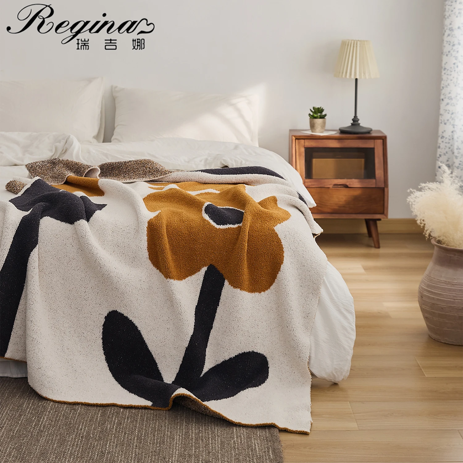 REGINA Soft Microfiber Floral Knitted Blanket Spring Boho Decor Cozy Hairy Downy Bed Throw Blanket Outdoor Travel Car Blanket