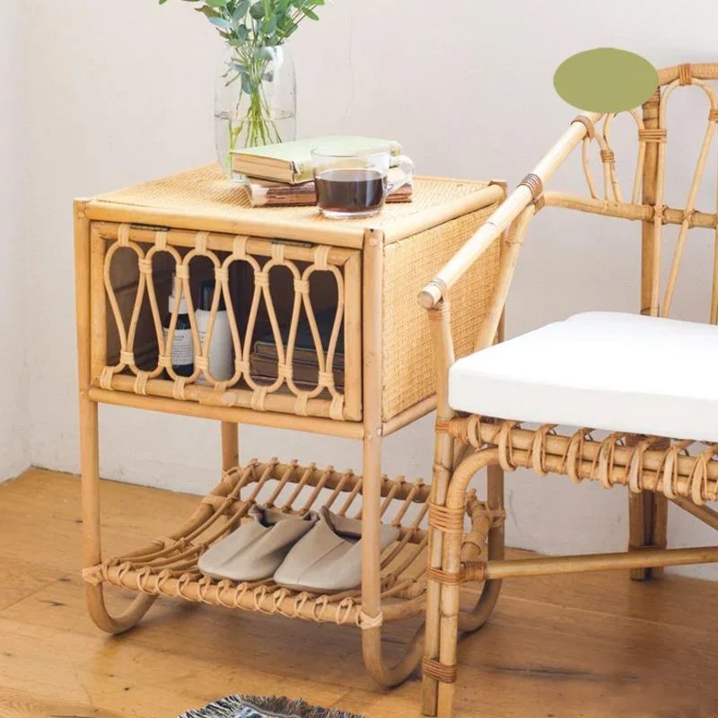 

Nordic Wind Rattan Woven Storage Cabinet Living Room Meal Side Cabinet Vintage Tea Table Multifunctional Bedroom Bedside Tables