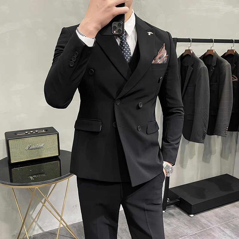 

2023 New (Blazer + Pants) Men's Fashion Business Gentleman Casual Double Breasted Slim Wedding Dress Banquet 2-piece Set