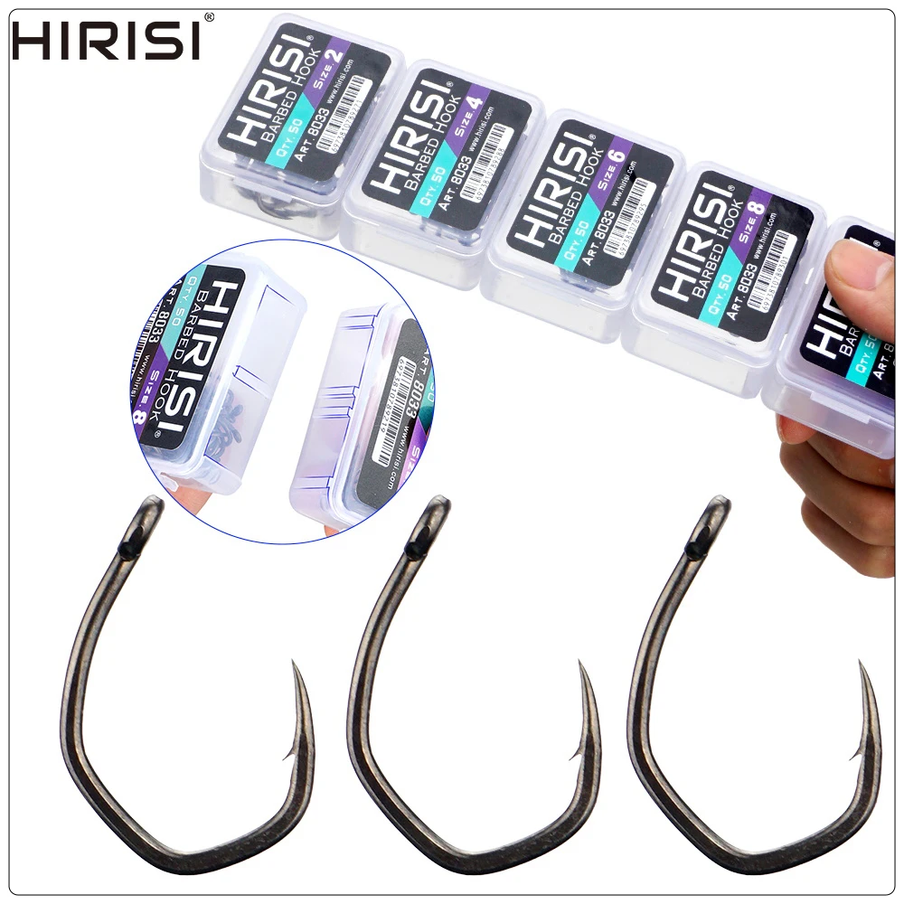 Hirisi 50 Stück PTFE-beschichtete Angelhaken aus Edelstahl mit hohem Kohlenstoffgehalt und Mikro-Widerhaken mit Auge 8033 Angelzubehör, spleißbare Box – Detail 1