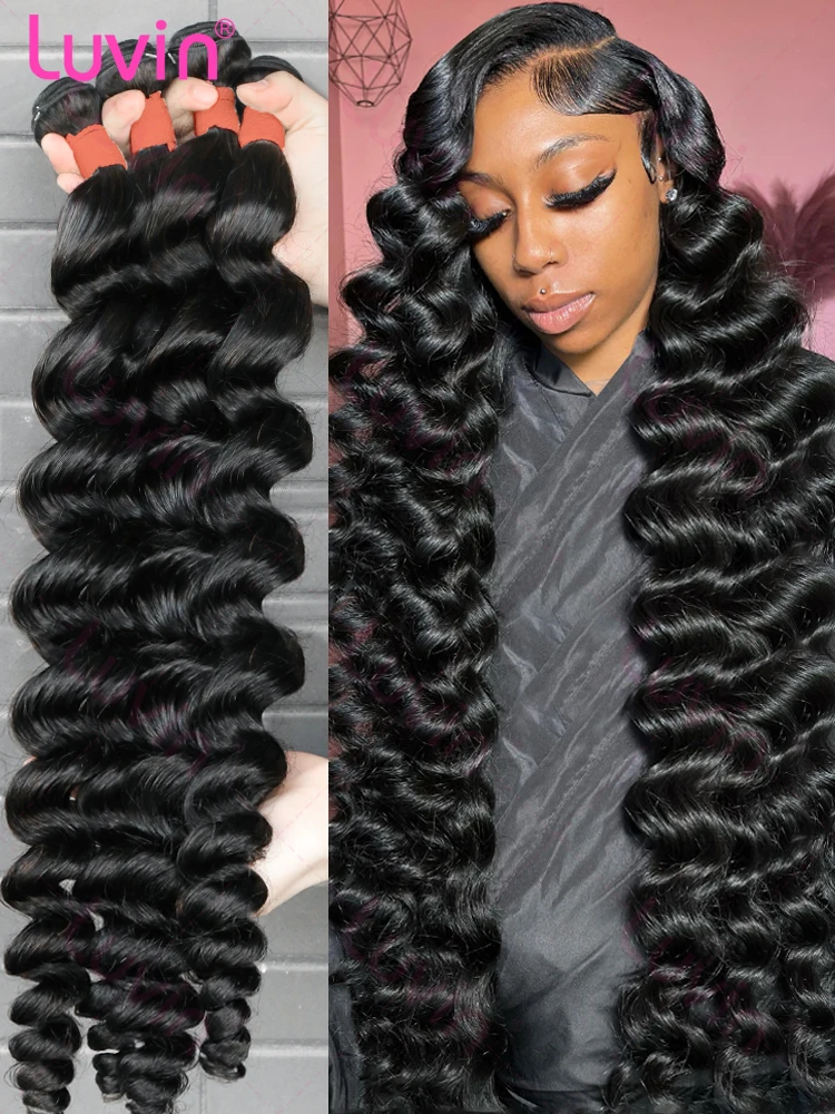 Human Hair Bundles 3/4 Bundles 32 34 Inch Loose Wave Curly Brazilian Weaving
