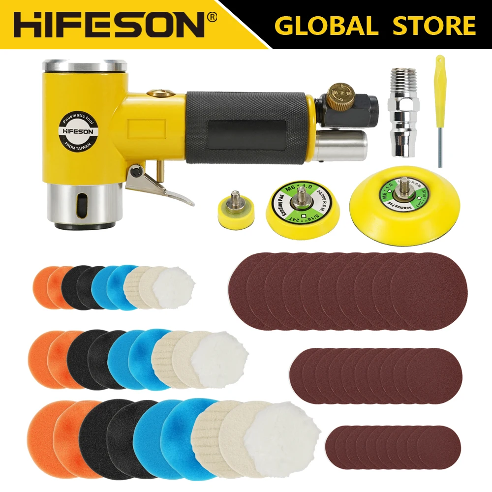 Pneumatic Orbital Sander HIFESON Mini Orbital 2/3" Air Sander Pneumatic Polisher Grinder Dual Action Orbital Polisher Set