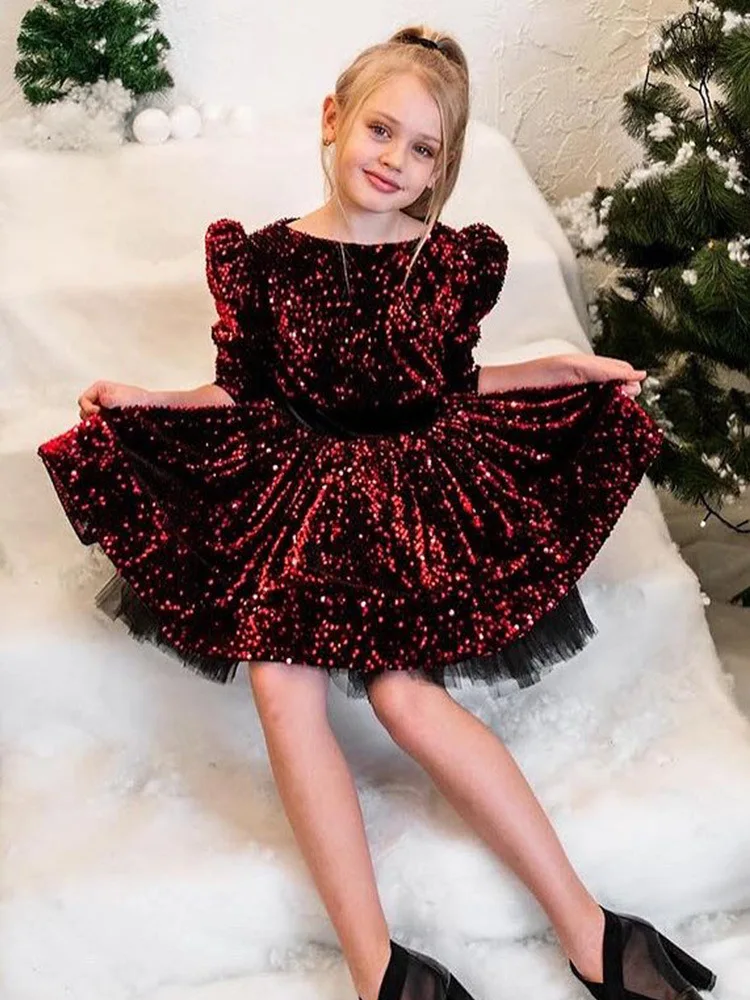 

Gorgeous graduation ball dress girl's birthday party princess dress glitter flower childrens wedding long sleeved bow childrens