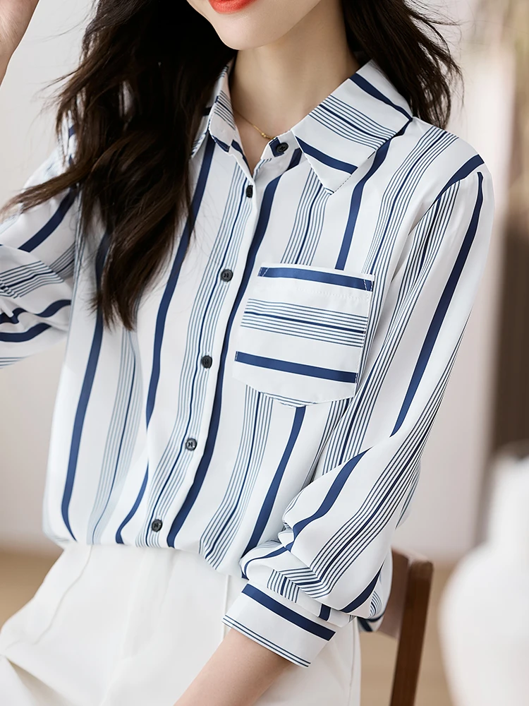 QOERLIN Vintage Elegant Office Ladies Style Striped Shirts S-XXL Designer Back Split Loose Long Sleeve Autumn Winter Tops Blouse