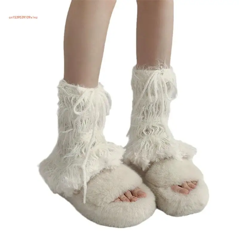 

Women Winter Warm Furry Plush Leg Warmer Stockings Hollowed Out Knitted Leggings Boot Cuffs Bandages Bowknot Fuzzy Sock