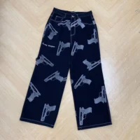 2024 Y2K American High Street Pistol Pattern Retro Printed Jeans Fashion Classic British Twill Cotton Pants Men's Jeans 1