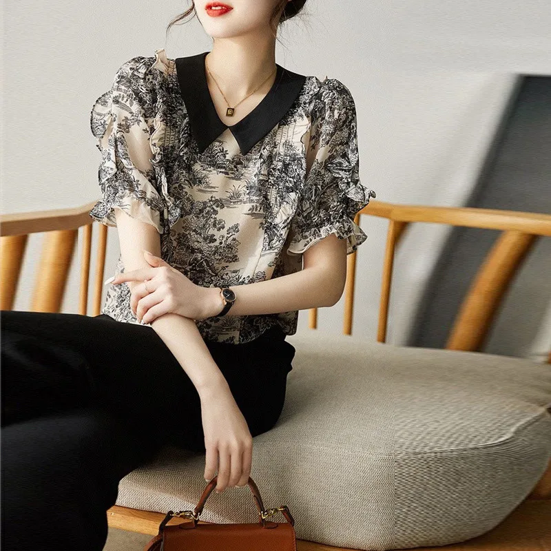Women Vintage Print Summer Fashion Simple Chiffon Elegant Blouse Shirt Casual Chic Ruffle Short Sleeve Loose Top Female Clothing