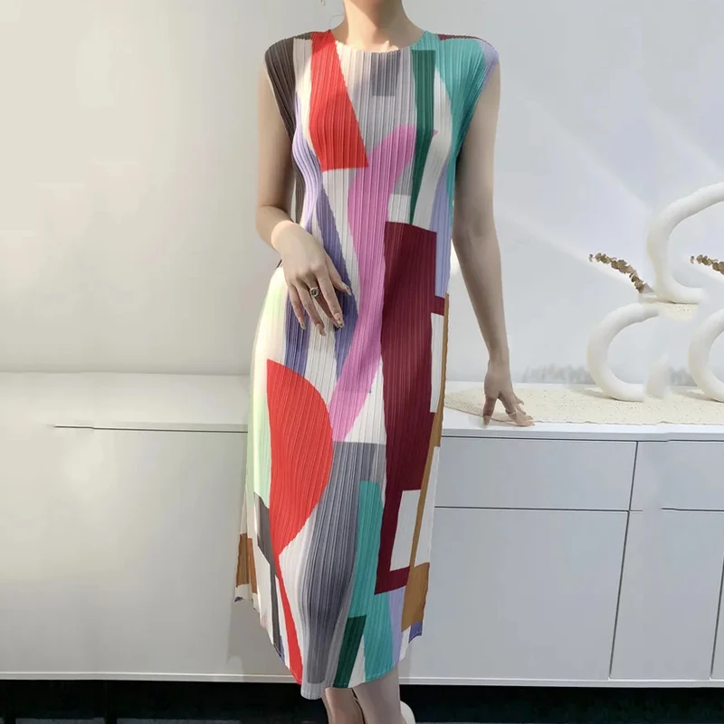 

Women Geometric Print Pleated Dress Women Robe Casual Sleeveless Summer Office Party Dresses Elegant Ladies Long Vestidos 2023