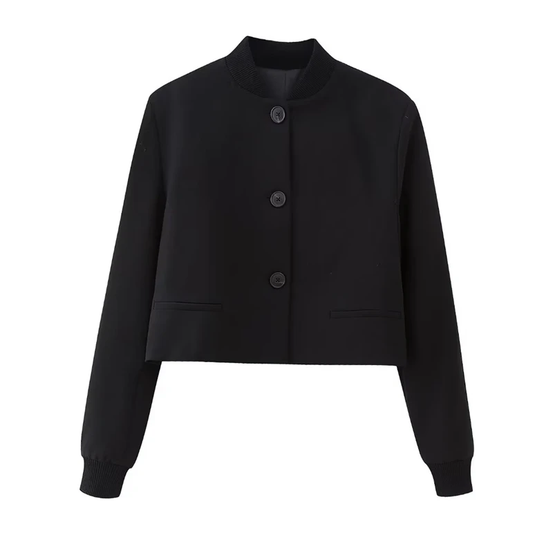 

Women's New Ribbed Collar Loose Casual Long-sleeved Black Bomber Jacket, Single-breasted Short Style Coat
