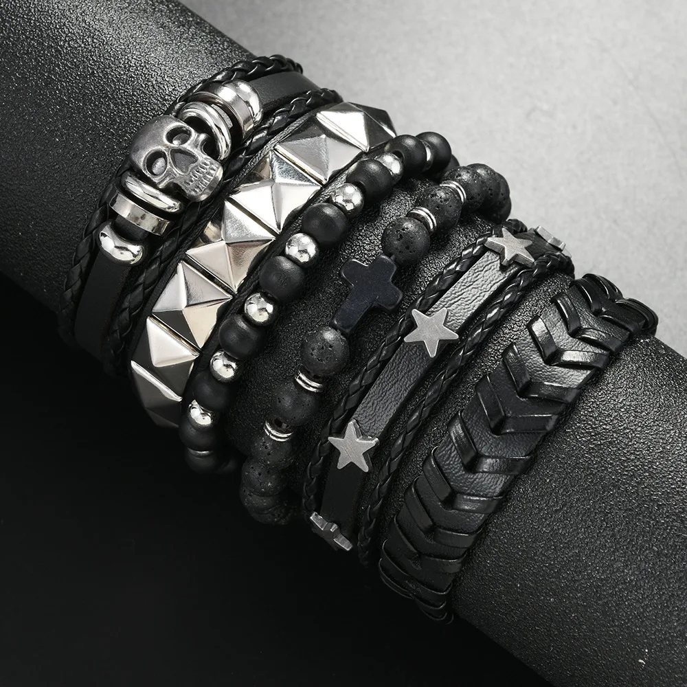 Vintage Gothic Style Leather Bracelets For Men Fashion Punk Cosplay Cross Star Braided Rope Chain Leather Bracelets Gifts
