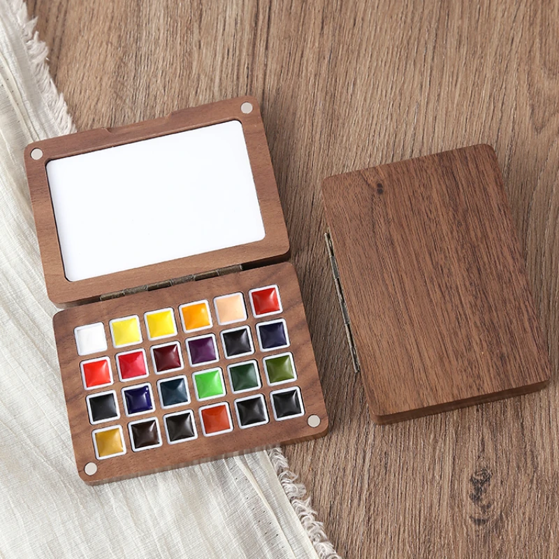 Portable Walnut Watercolor Palette 24 Grids 0.5ML Paint Box Travel Sketching Aquarelle Palette Painting Art Supplies