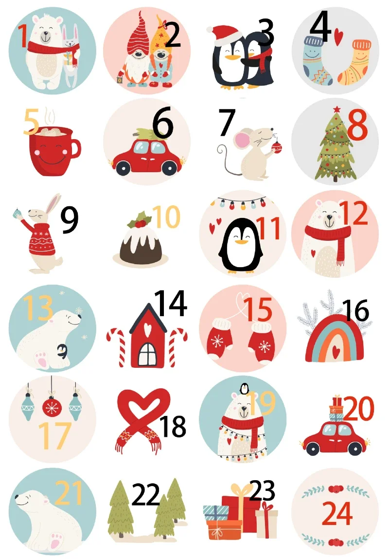 24 Pcs Happy Christmas Day Gift Stickers Advent Calendar Number Paper Stickers Multi-Function Packaging Adhesive Labels Decors