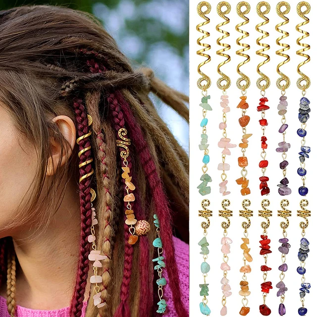 Trianu Hair Jewelry for Braids, 6Pcs Natural Colored Crystal Stone Hair  Braid Accessories Metal Hair Charms Gold Dreadlock Hair Spirals Cuffs Rings  for Women Girls Hairstyle Decoration 