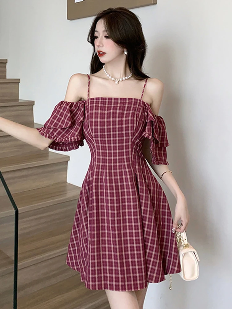 

Summer Plaid Short A-Line Dress Women Casual Chic Preppy Sexy Off-Shoulder Slim Mini Party Vacation Mujer Vestido Street Clothes