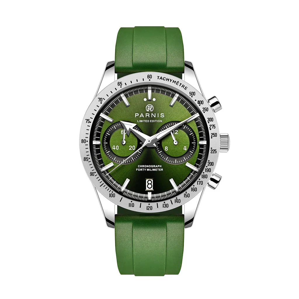 

PARNIS 39mm Green Dial Rubber Strap Men's Watches Sapphire Glass Top Quartz Date Full Chronograph Function Wristwatch