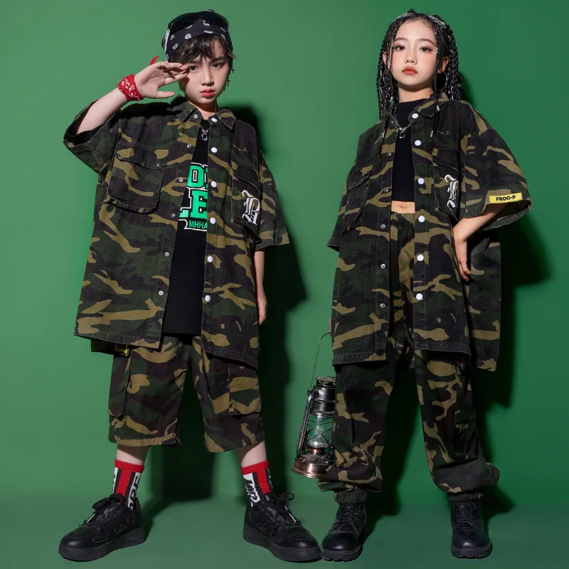 Kids Hip Hop Clothing Army green Suit for Girls Boys Jazz Dance Costume Retro Clothes
