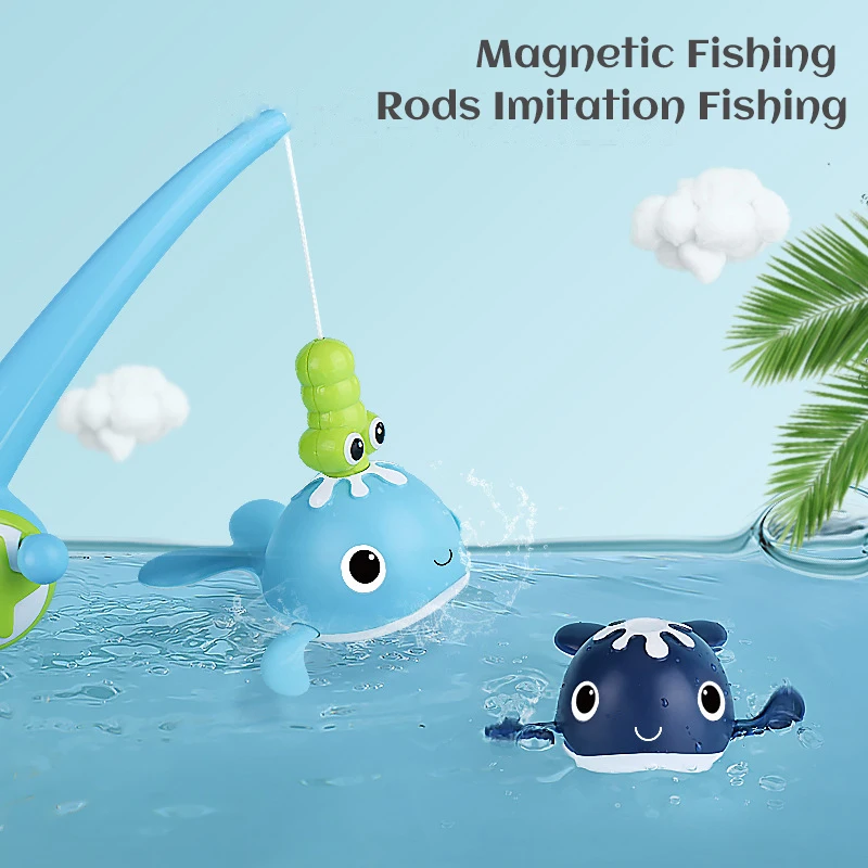 Baby Bath Fishing Toys Magnet Whales Bathtub Toy Fishing Games Kids Bathtub Floating Water Toys Pole Net Set Gift